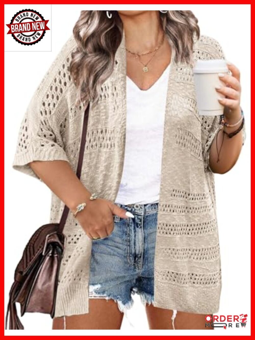 Lightweight Crochet Cardigan Short Sleeve Open Front Boho Kimono Knit